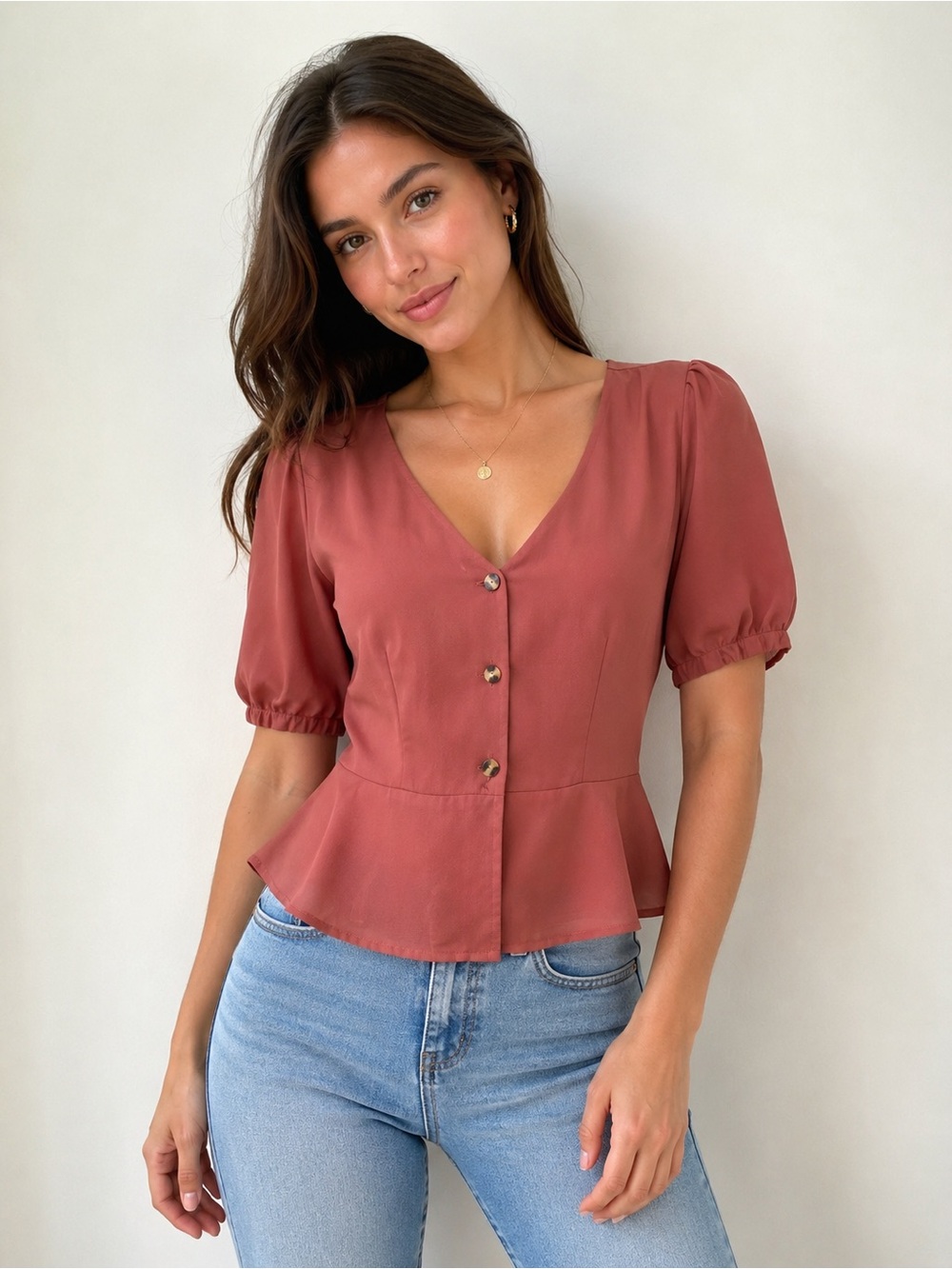 Short Sleeve Button-Front Top - Rust